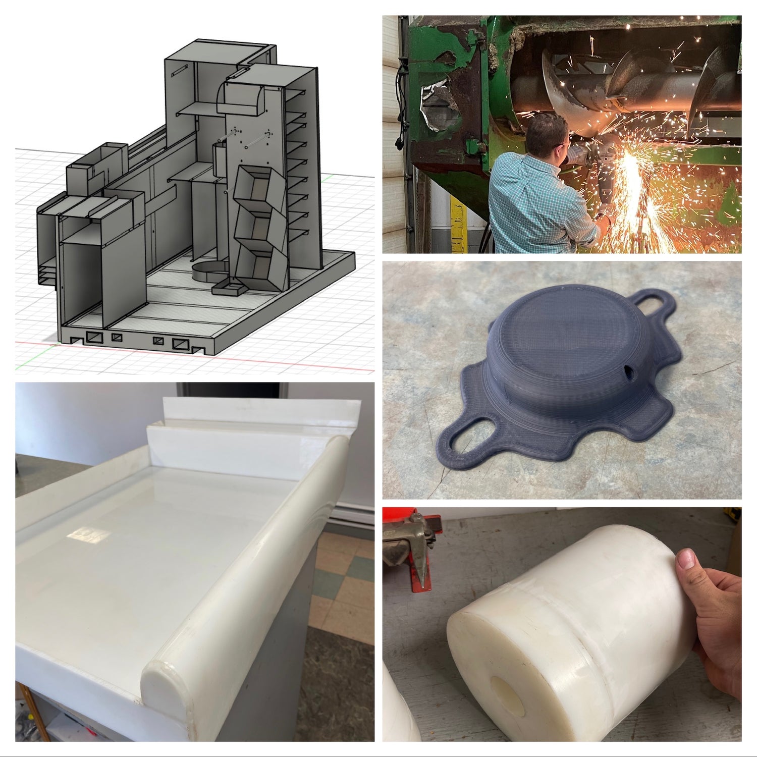 Collage of various industrial and manufacturing images including a 3D model, welding process, and product handling.